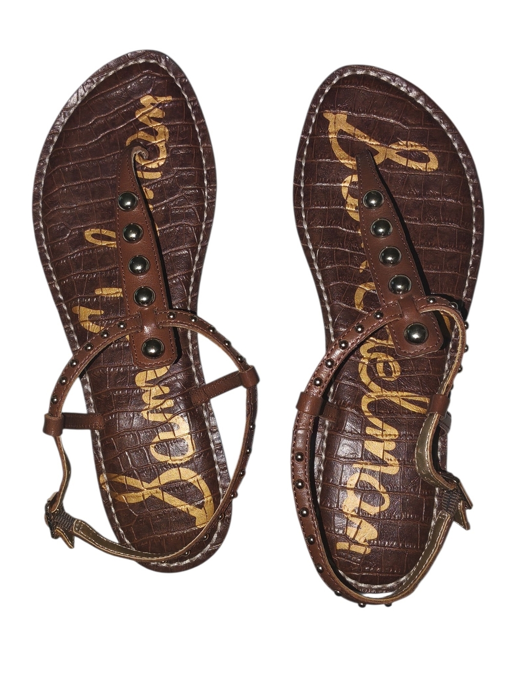 #293 Sam Edelman Brown Studded Leather T-Strap Sandals